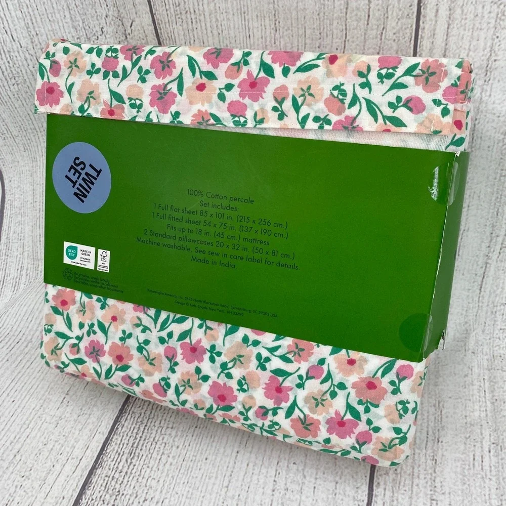 Kate Spade Floral Sheet Set Full White Pink Cotton Percale Garden Cottage